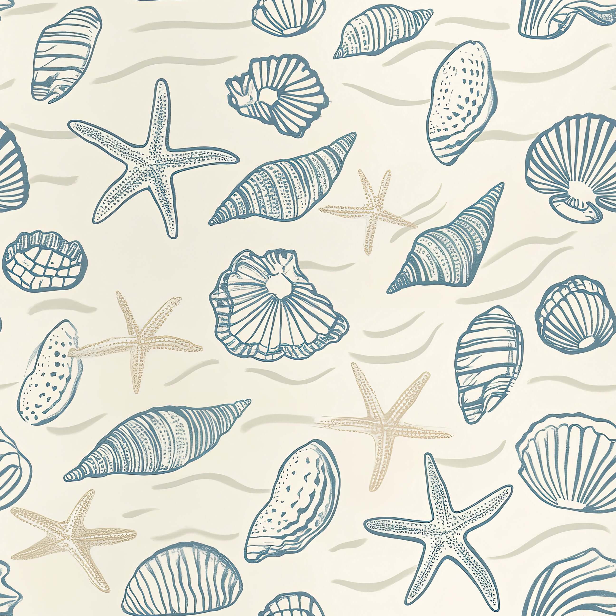 Beachcomber coastal wallpaper with hand-drawn seashells, starfish, and ocean patterns in sandy neutrals and blues. Coastal decor.