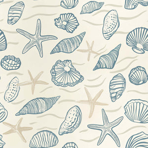 Beachcomber coastal wallpaper with hand-drawn seashells, starfish, and ocean patterns in sandy neutrals and blues. Coastal decor.