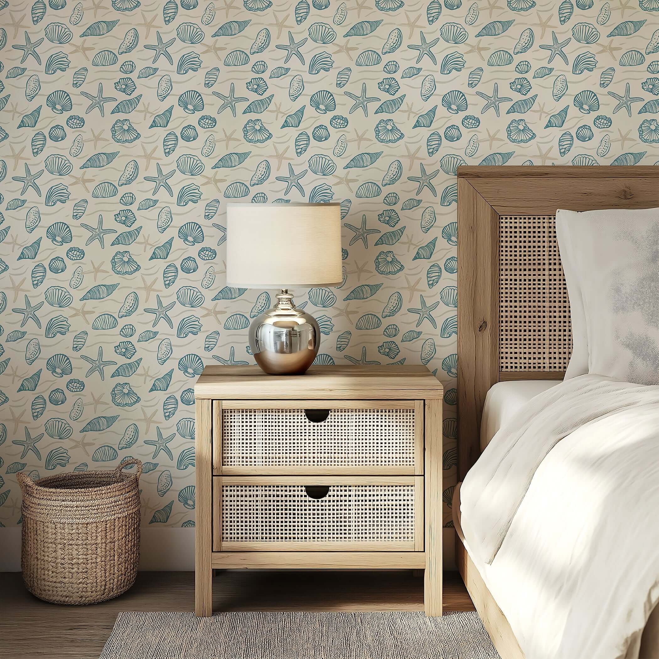 Coastal wallpaper featuring hand-drawn seashells and starfish in ocean blues, enhancing a serene bedroom setting with marine charm.