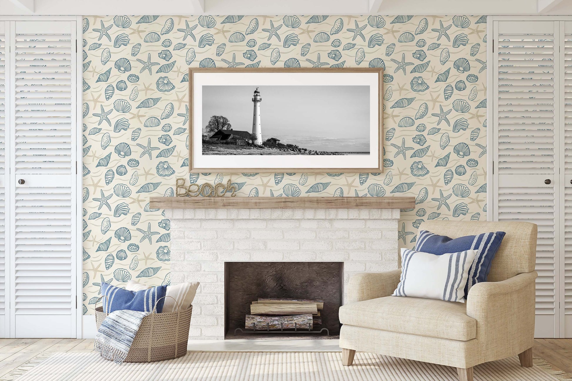 Coastal themed room with Beachcomber wallpaper featuring seashells, starfish, and marine motifs in sandy neutrals and ocean blues.