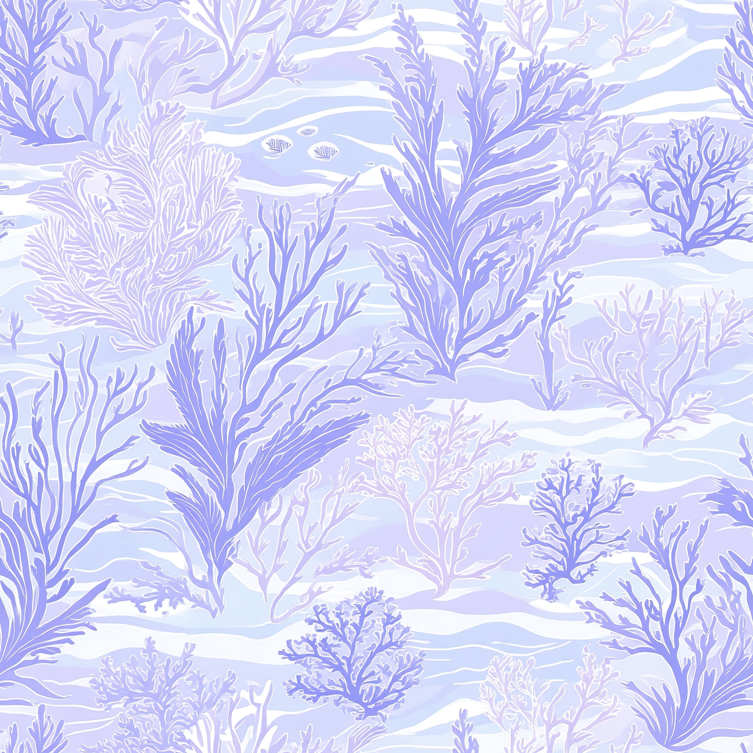 Lavender Tide Coastal Wallpaper featuring hand-drawn seaweed and coral in lavender tones, perfect for marine-inspired interiors.