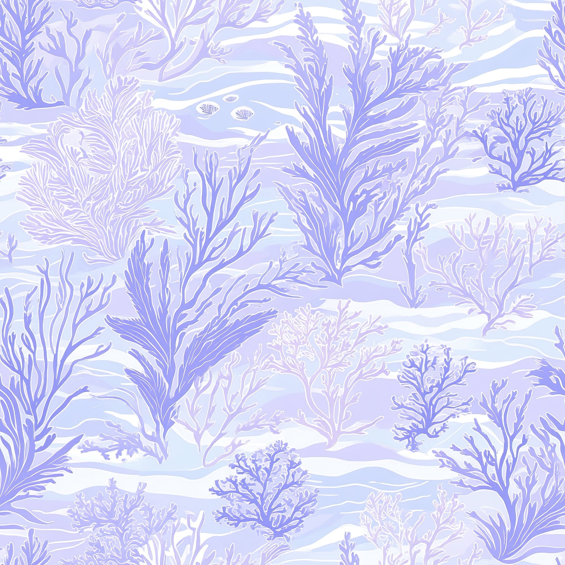 Lavender Tide Coastal Wallpaper featuring hand-drawn seaweed and coral in lavender tones, perfect for marine-inspired interiors.