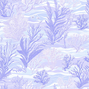 Lavender Tide Coastal Wallpaper featuring hand-drawn seaweed and coral in lavender tones, perfect for marine-inspired interiors.