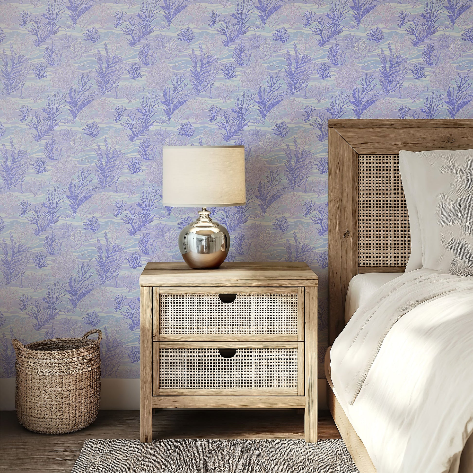 Lavender Tide coastal wallpaper with hand-drawn seaweed and coral in lavender and periwinkle hues, enhancing a serene bedroom decor.