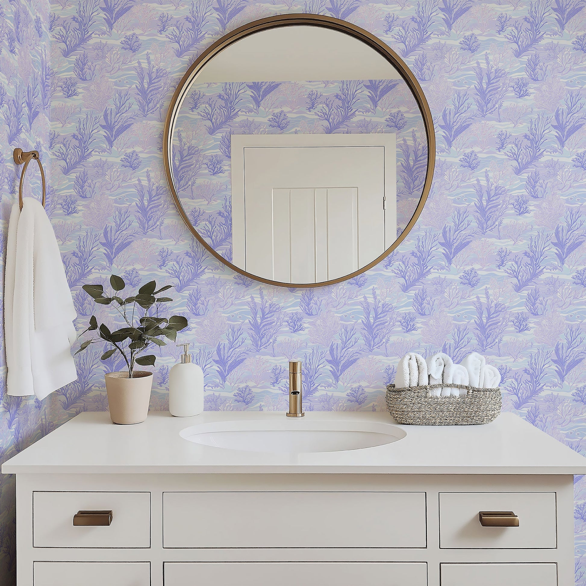 Bathroom featuring Lavender Tide coastal wallpaper with seaweed and coral design in lavender tones, complementing modern decor.
