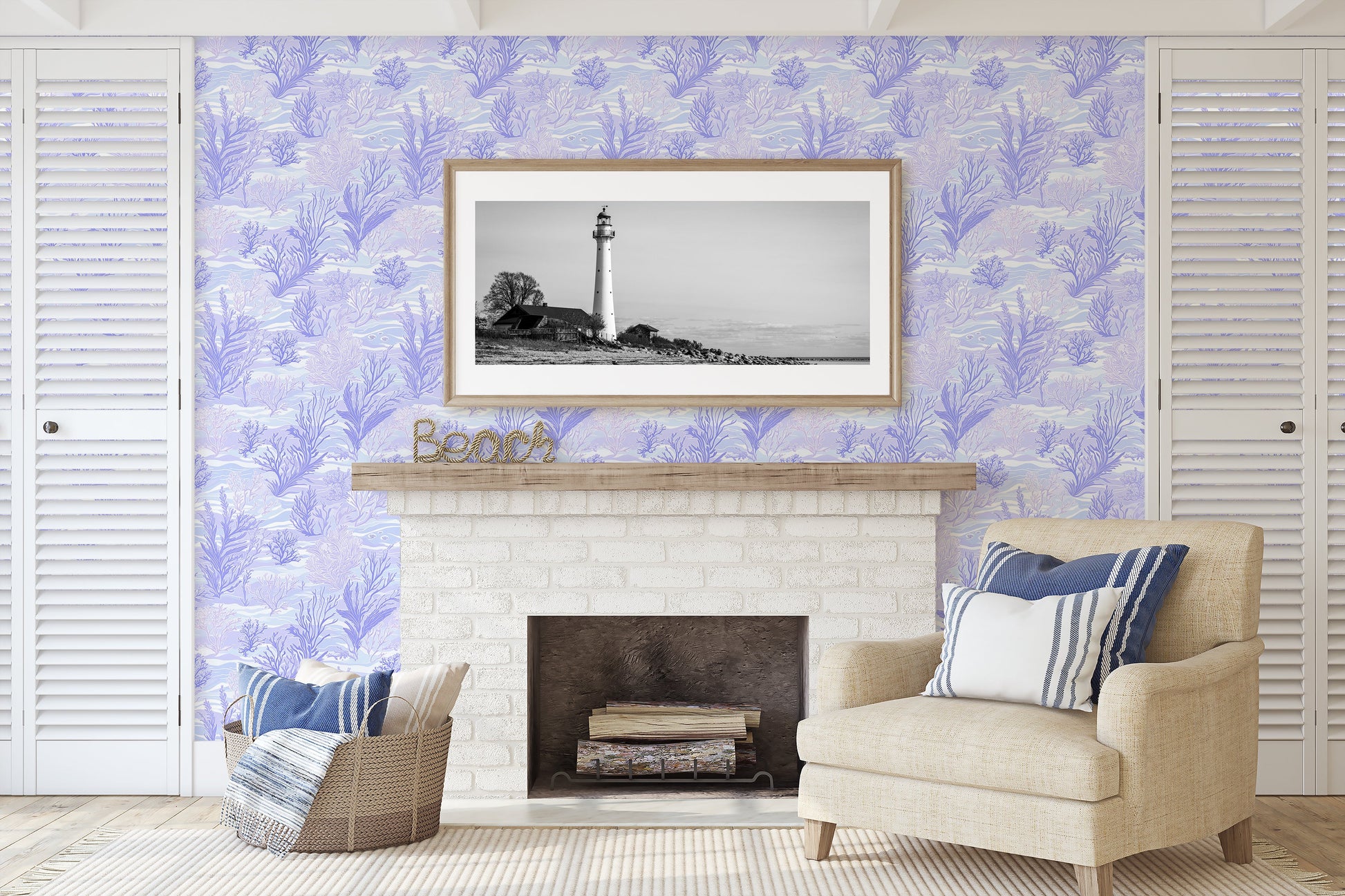 Coastal living room with Lavender Tide wallpaper featuring seaweed and coral designs in soothing lavender, creating a maritime ambiance.