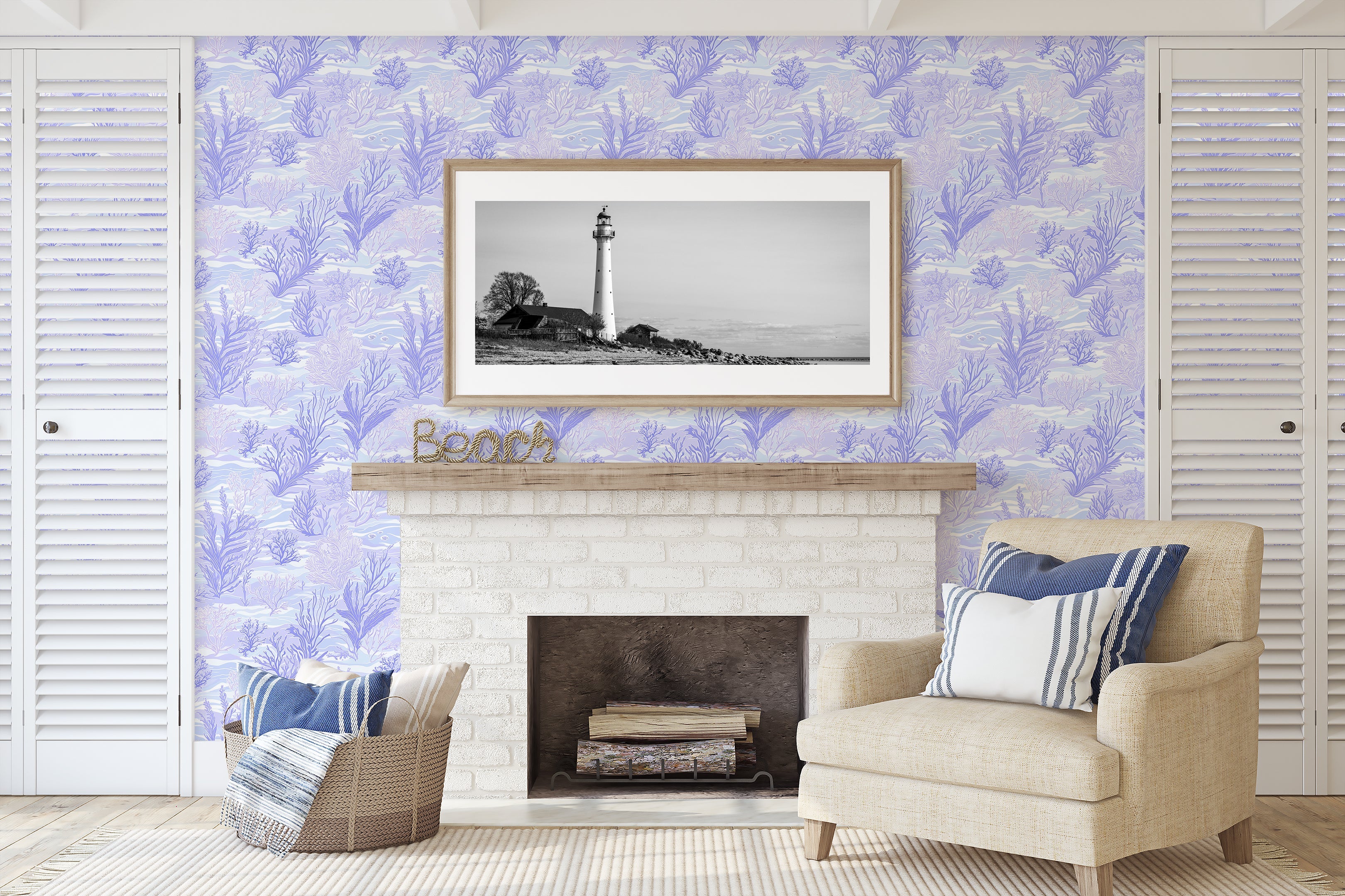 Coastal living room with Lavender Tide wallpaper featuring seaweed and coral designs in soothing lavender, creating a maritime ambiance.