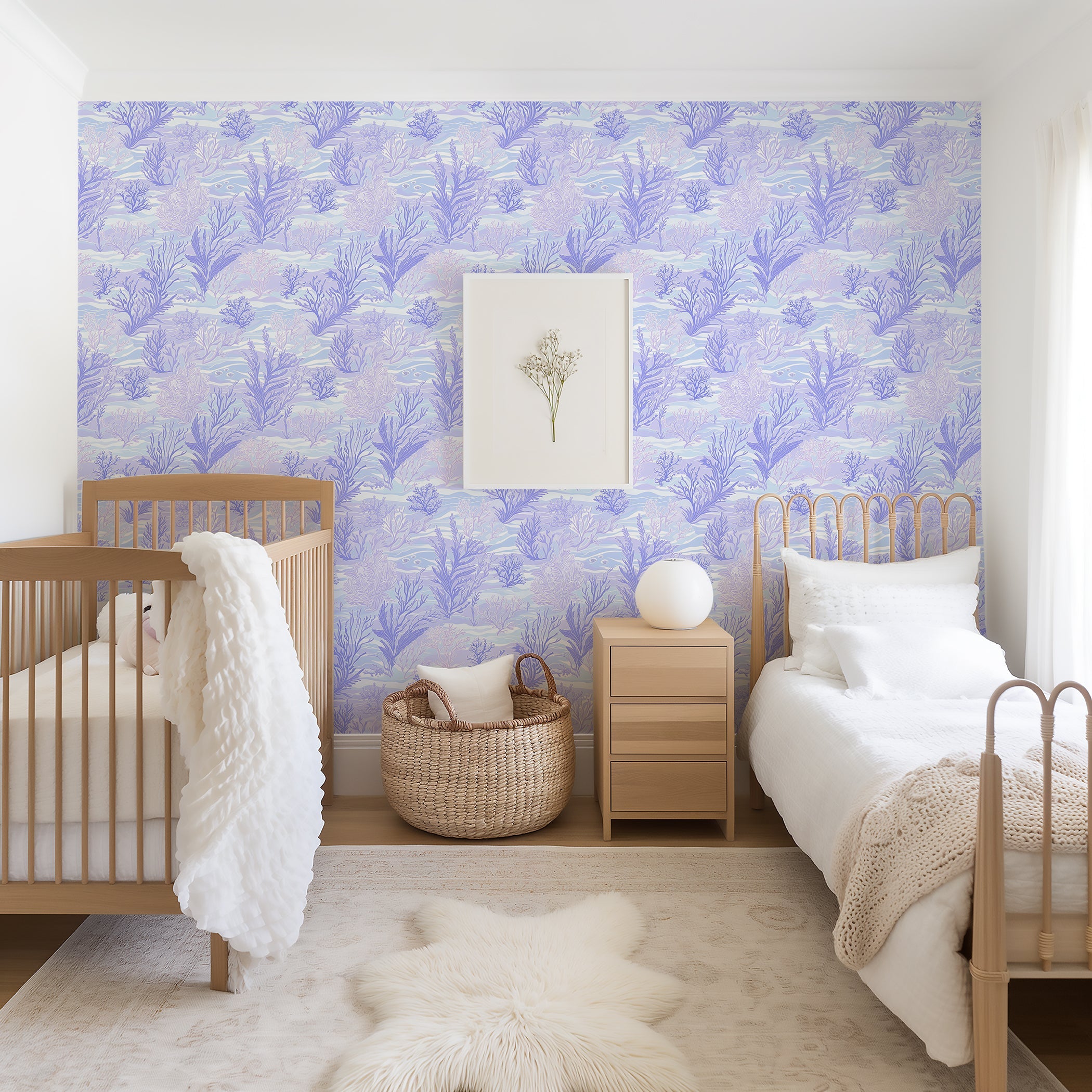 Lavender Tide coastal wallpaper with seaweed, creating a tranquil nursery with marine, ocean, and maritime themes.