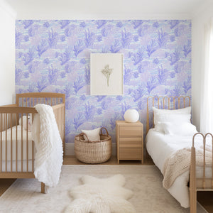 Lavender Tide coastal wallpaper with seaweed, creating a tranquil nursery with marine, ocean, and maritime themes.