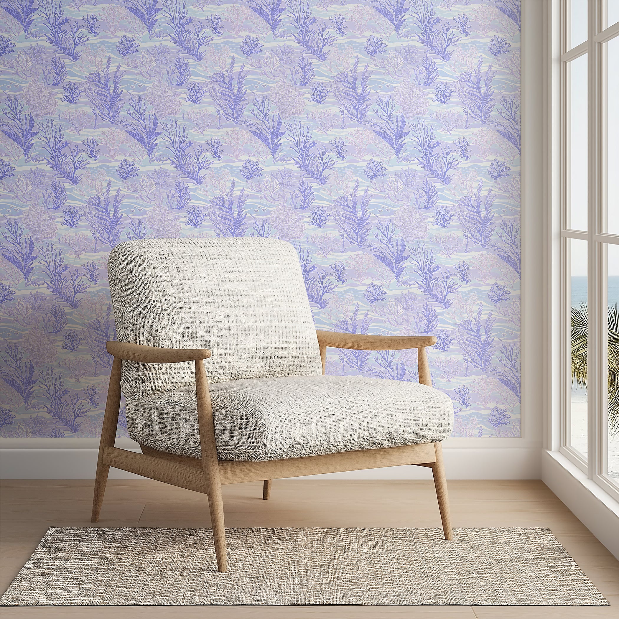 Coastal room with "Lavender Tide" wallpaper featuring lavender seaweed, oceanic elements, and a modern chair enhancing marine serenity.