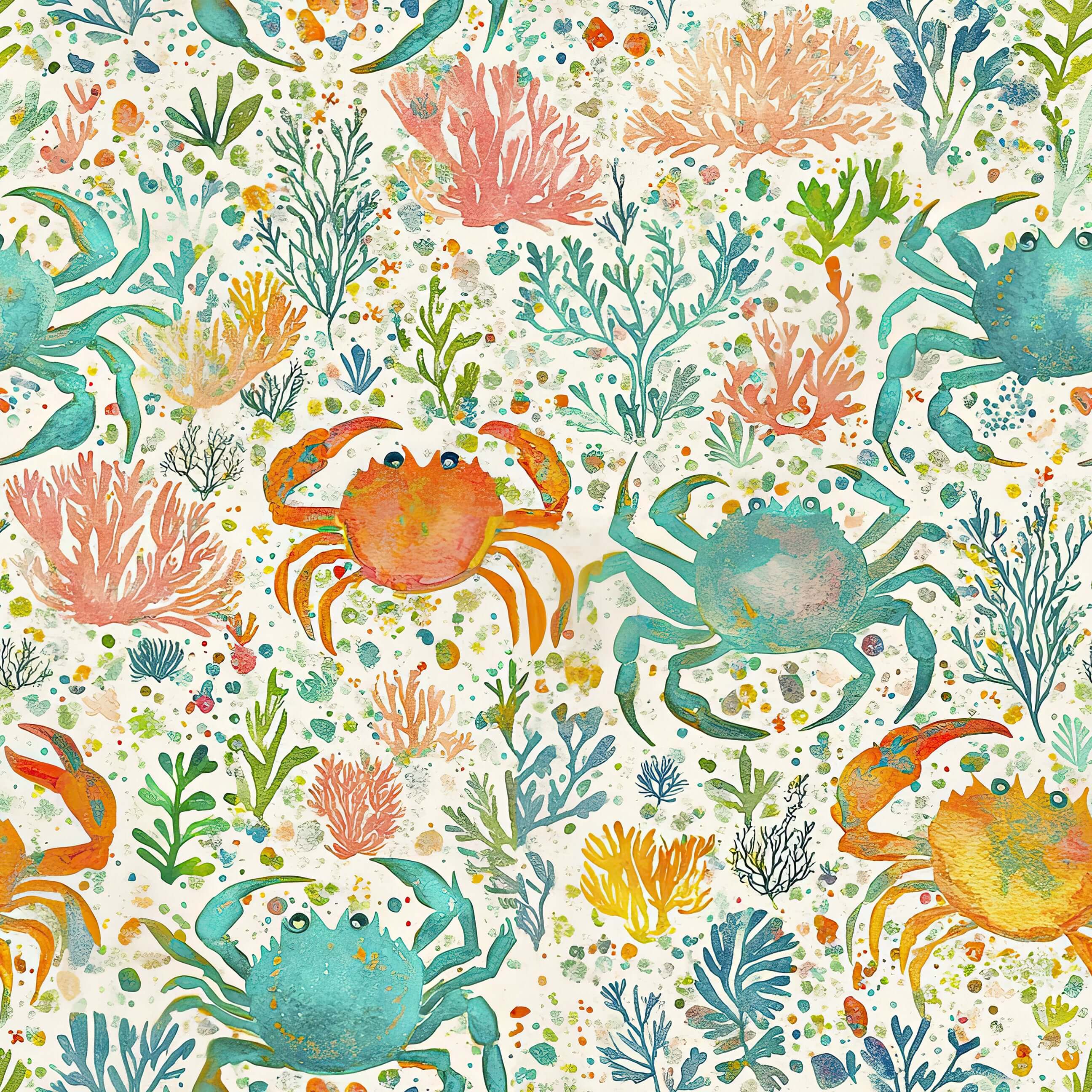 Playful watercolor 'Crab Cove' wallpaper with crabs, ocean plants, and coral in coastal colors, perfect for marine-themed decor.