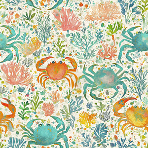 Playful watercolor 'Crab Cove' wallpaper with crabs, ocean plants, and coral in coastal colors, perfect for marine-themed decor.