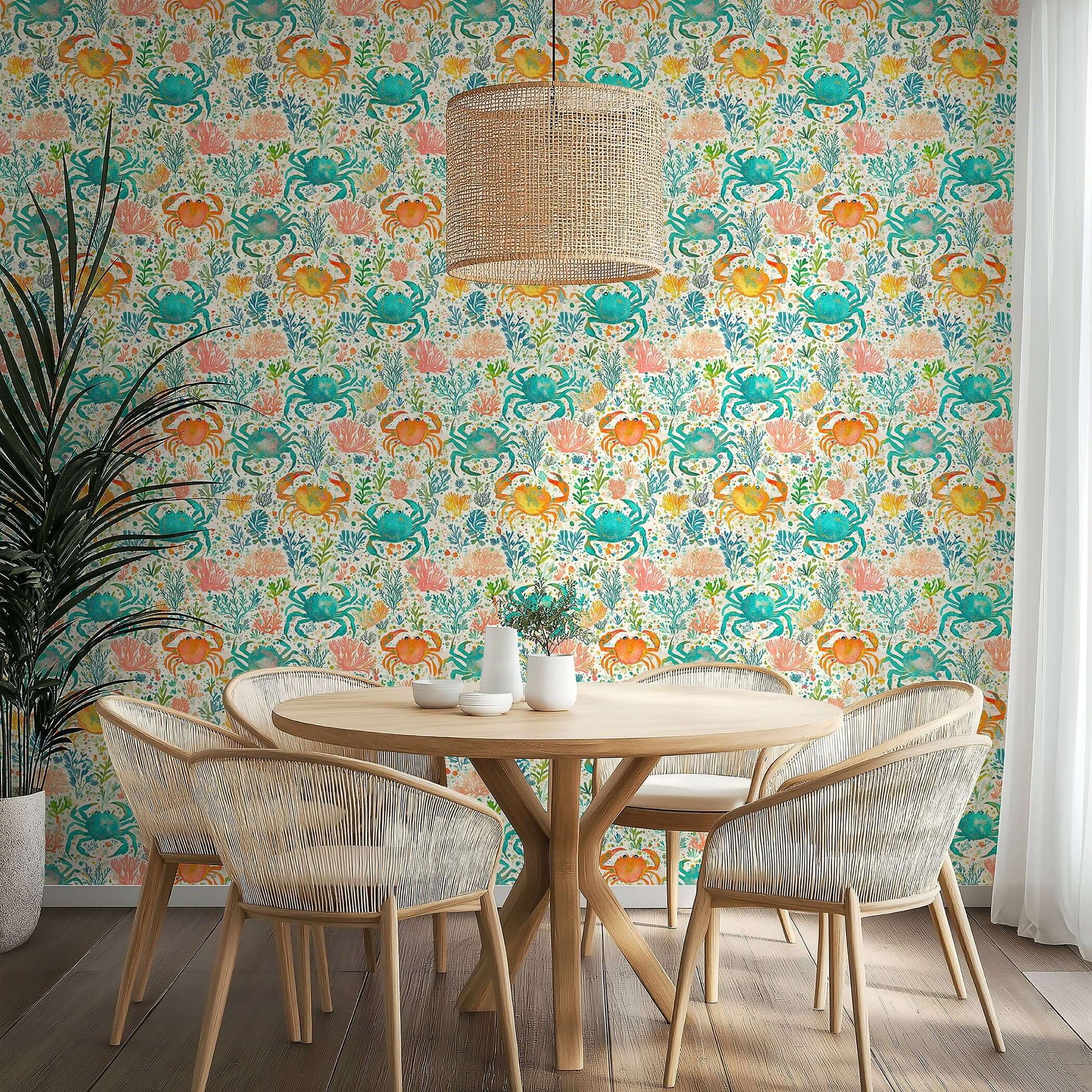 Coastal Crab Cove wallpaper featuring watercolor crabs, coral, and ocean plants in vibrant blue, coral, and citrus hues.