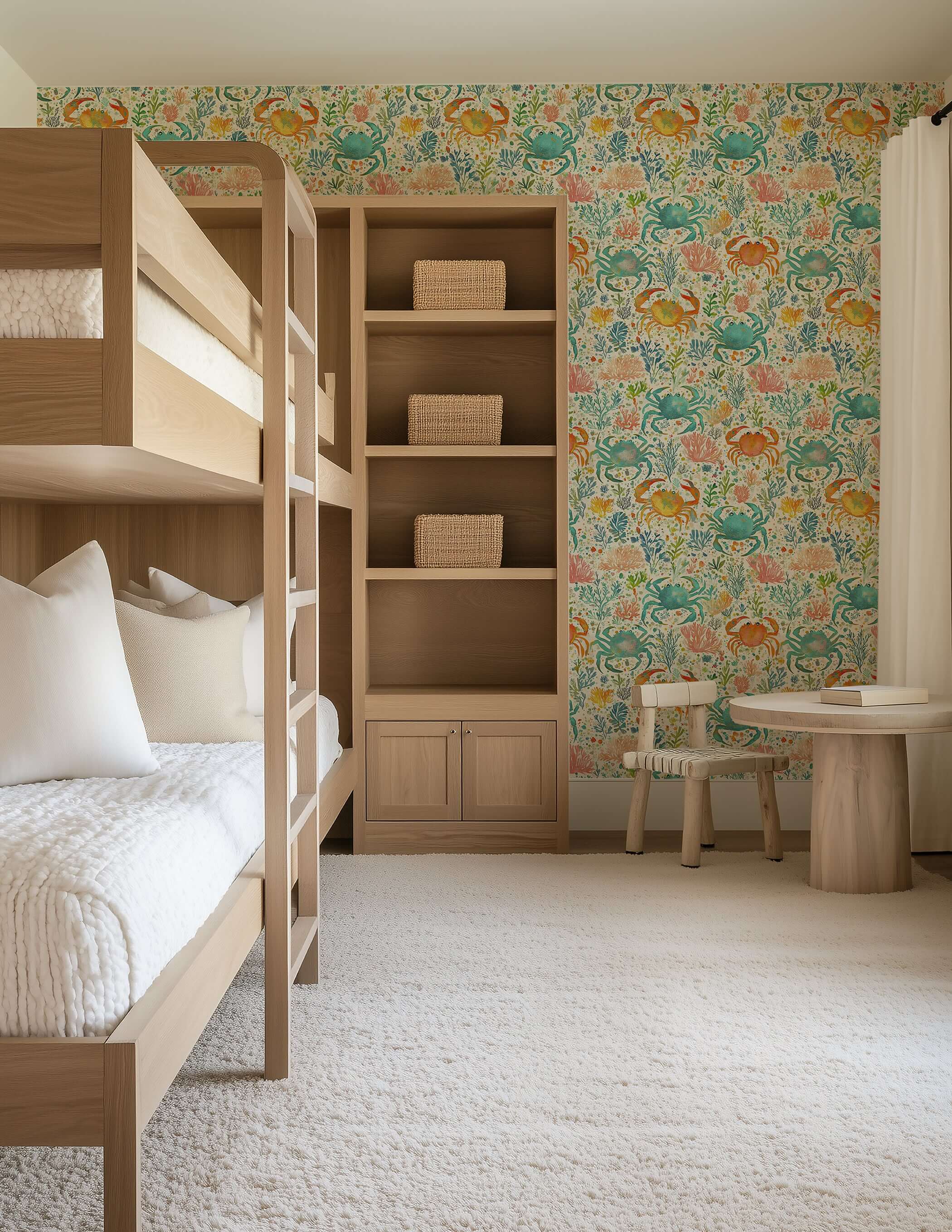 Children’s room with Crab Cove coastal wallpaper featuring crabs, coral, and ocean plants in playful blue, coral, and citrus hues.
