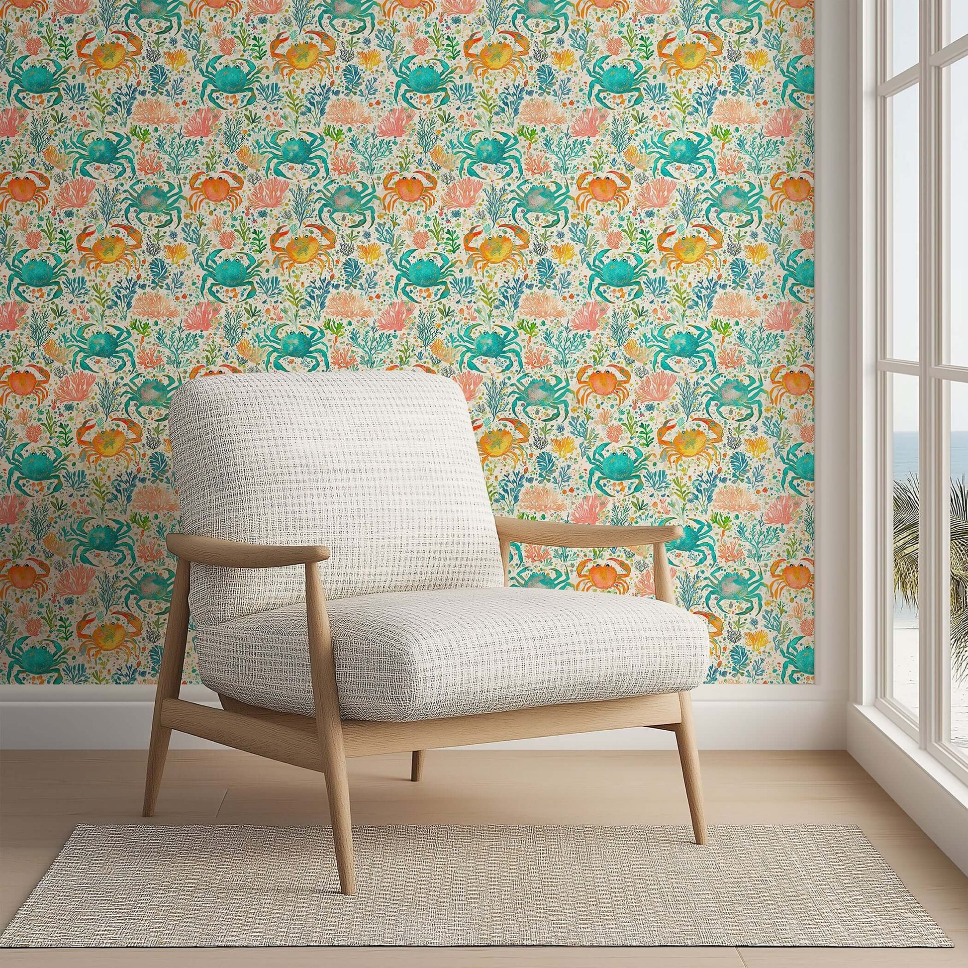 Crab Cove wallpaper featuring watercolor crabs, coral, and ocean plants in vibrant hues, perfect for a coastal or marine-themed room.