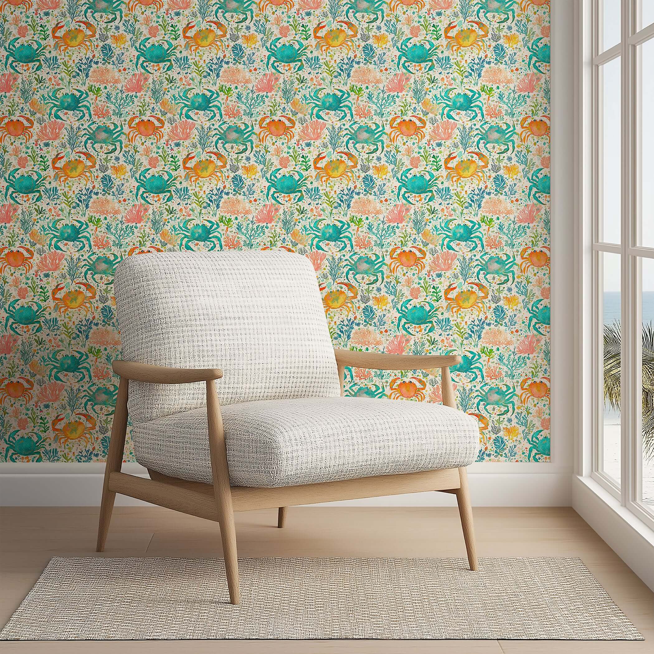 Crab Cove wallpaper featuring watercolor crabs, coral, and ocean plants in vibrant hues, perfect for a coastal or marine-themed room.