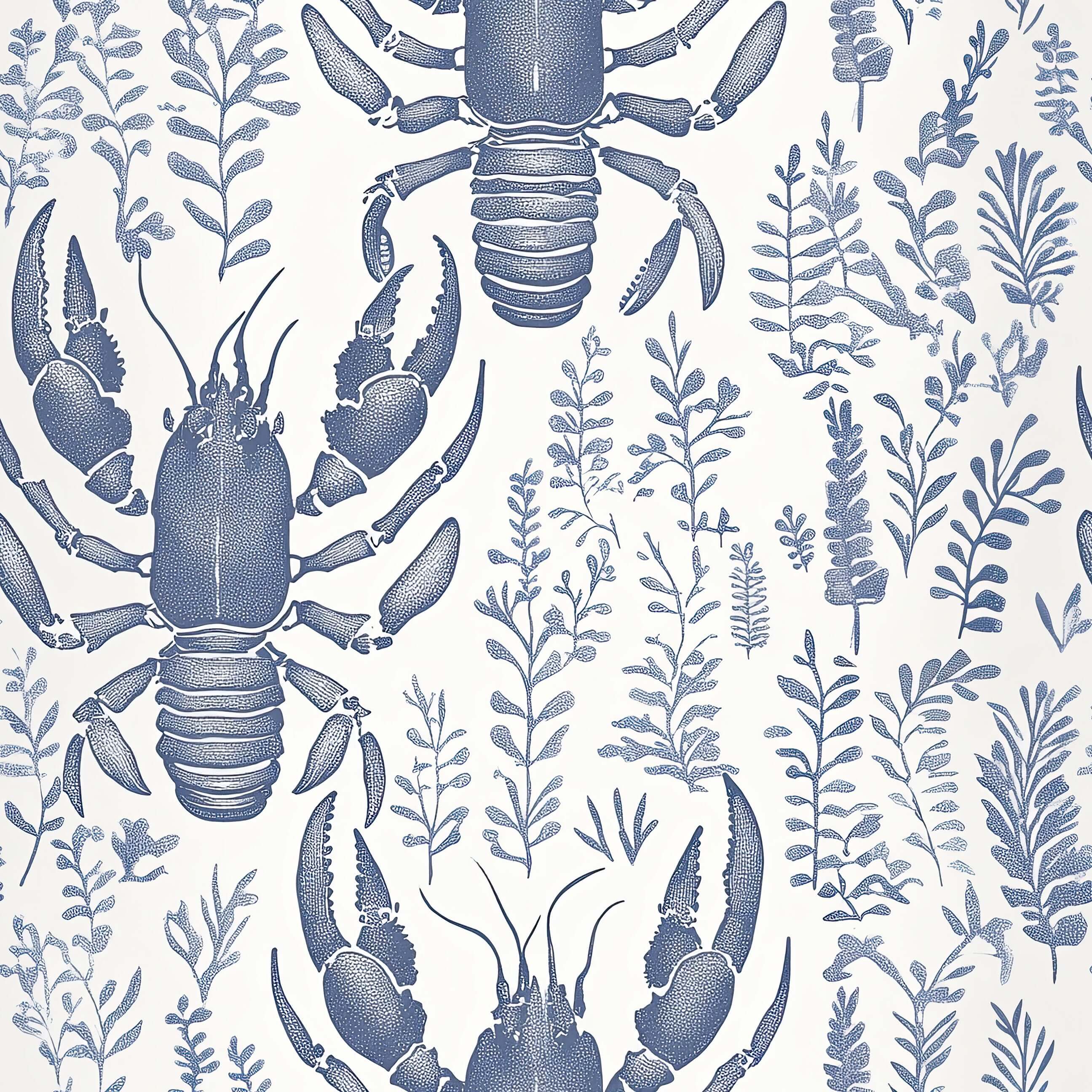 Navy lobster and botanical design on ivory background, "Lobster Bay" wallpaper combines coastal and nautical elegance.