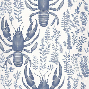 Navy lobster and botanical design on ivory background, "Lobster Bay" wallpaper combines coastal and nautical elegance.
