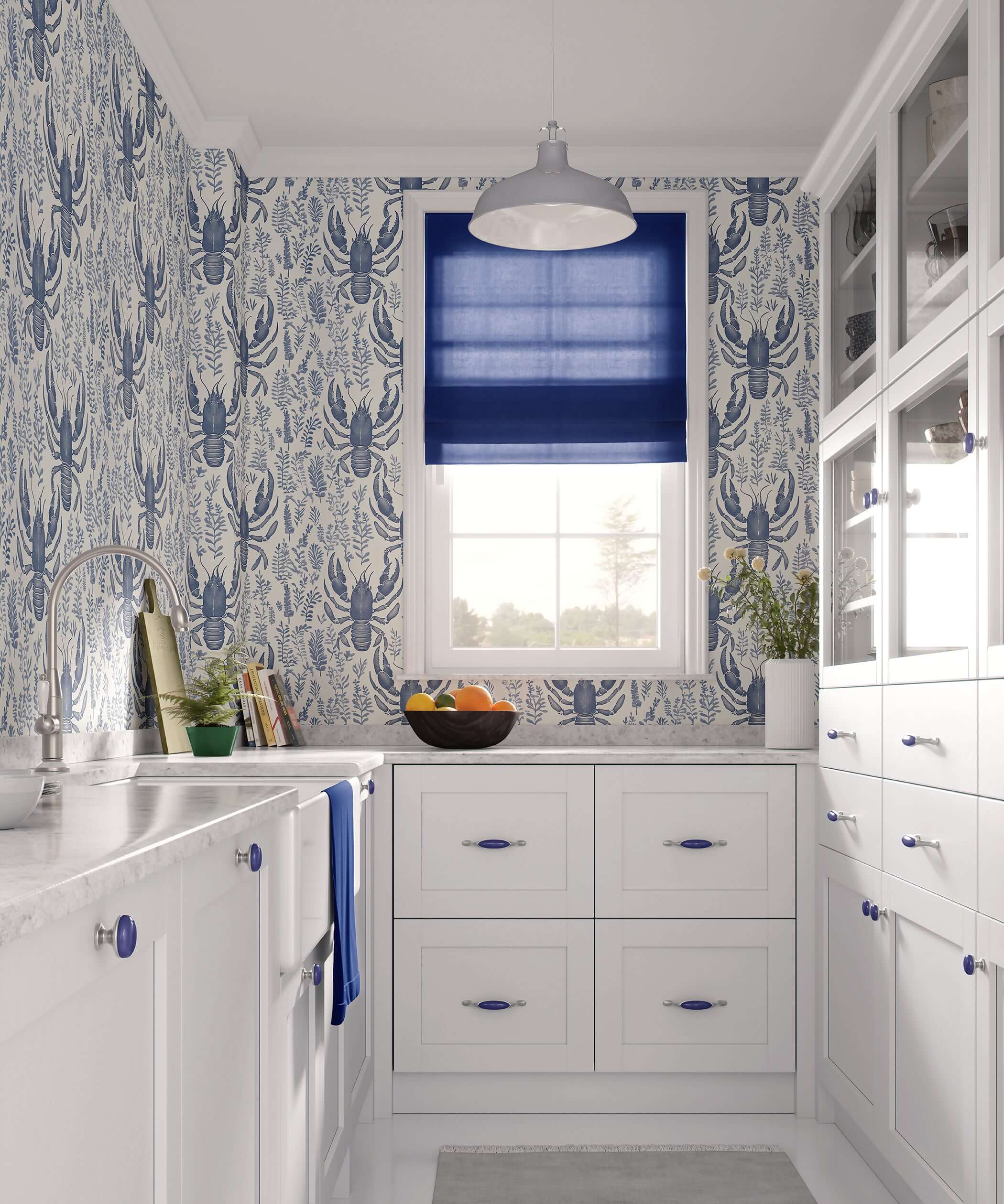 Kitchen with Lobster Bay wallpaper showcasing nautical design with navy lobsters and botanical prints on an ivory background.
