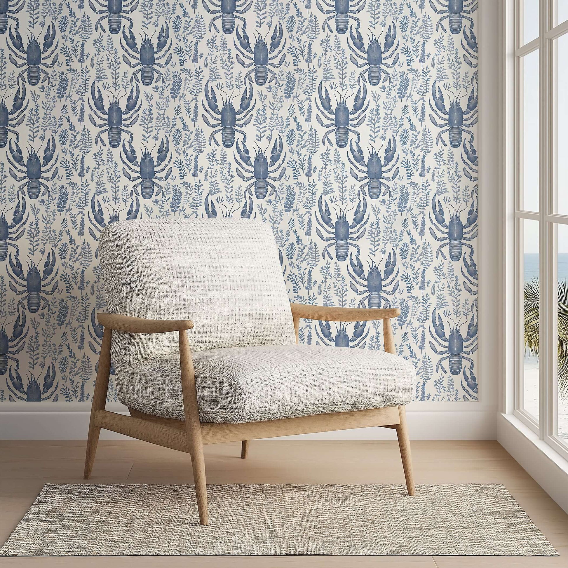 Elegant coastal wallpaper featuring navy lobsters and botanical designs on ivory background, perfect for modern seaside homes.