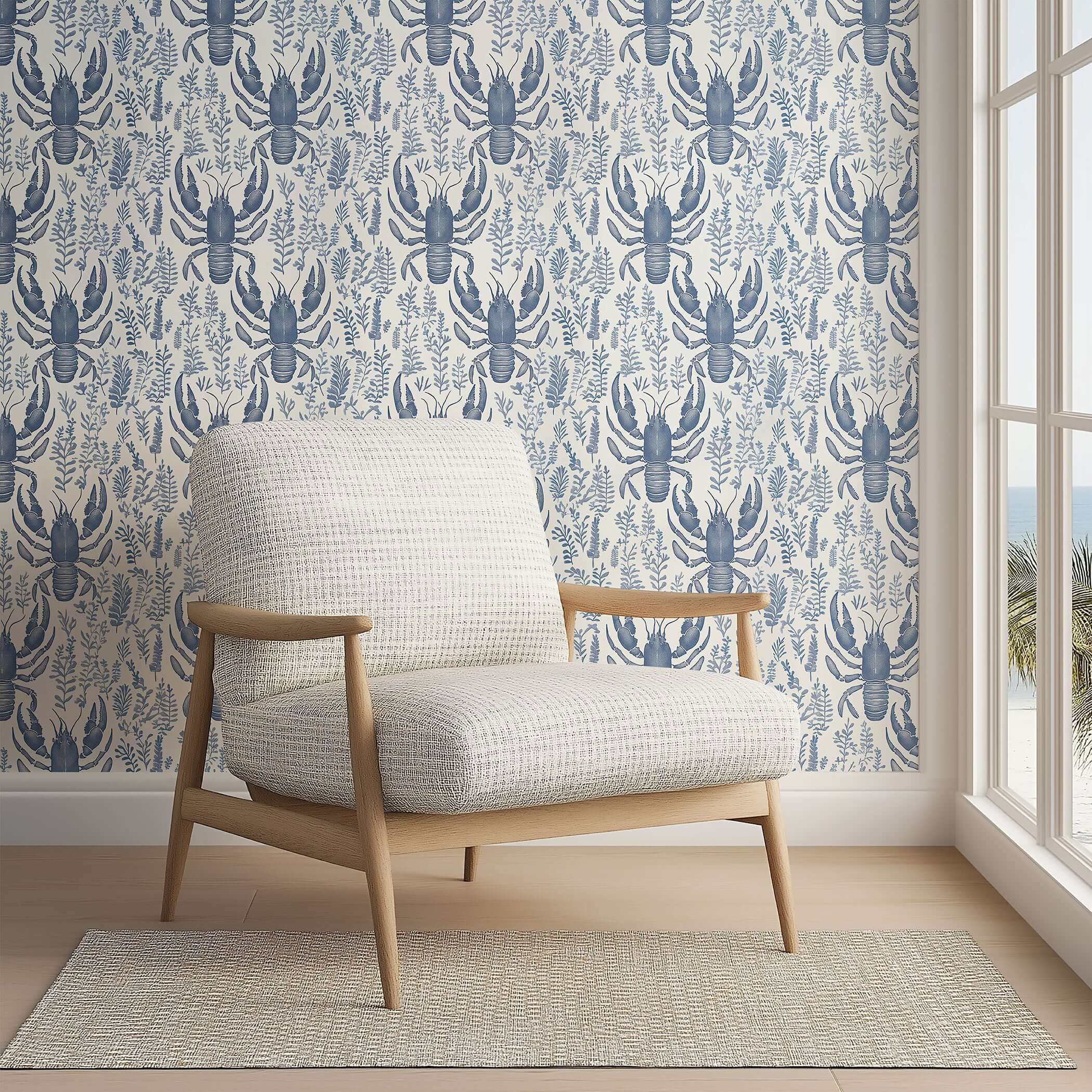 Elegant coastal wallpaper featuring navy lobsters and botanical designs on ivory background, perfect for modern seaside homes.