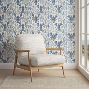 Elegant coastal wallpaper featuring navy lobsters and botanical designs on ivory background, perfect for modern seaside homes.