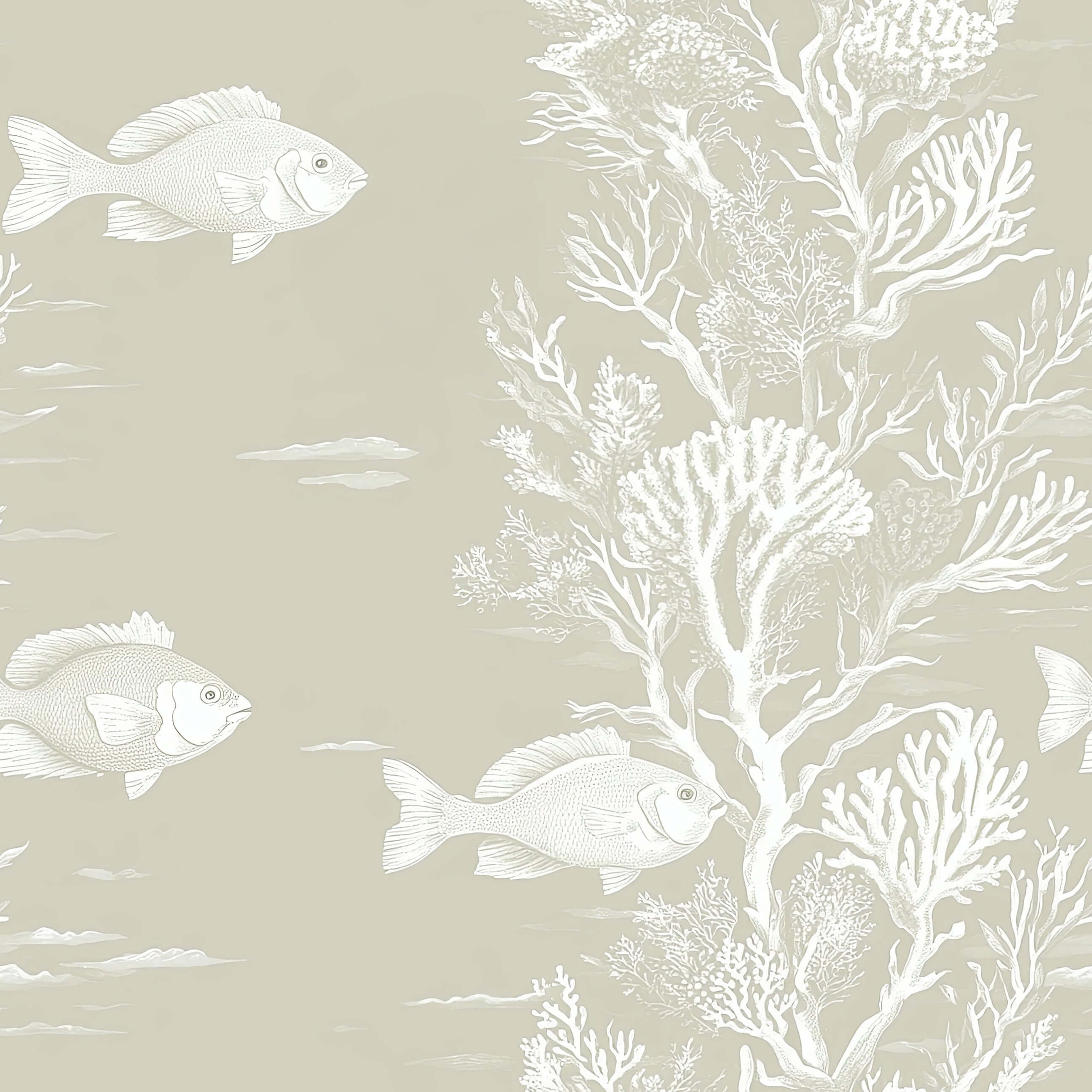 Coastal wallpaper "Reef Dreams" with fish and coral in soft tones for ocean-themed rooms, bedrooms, and bathrooms.