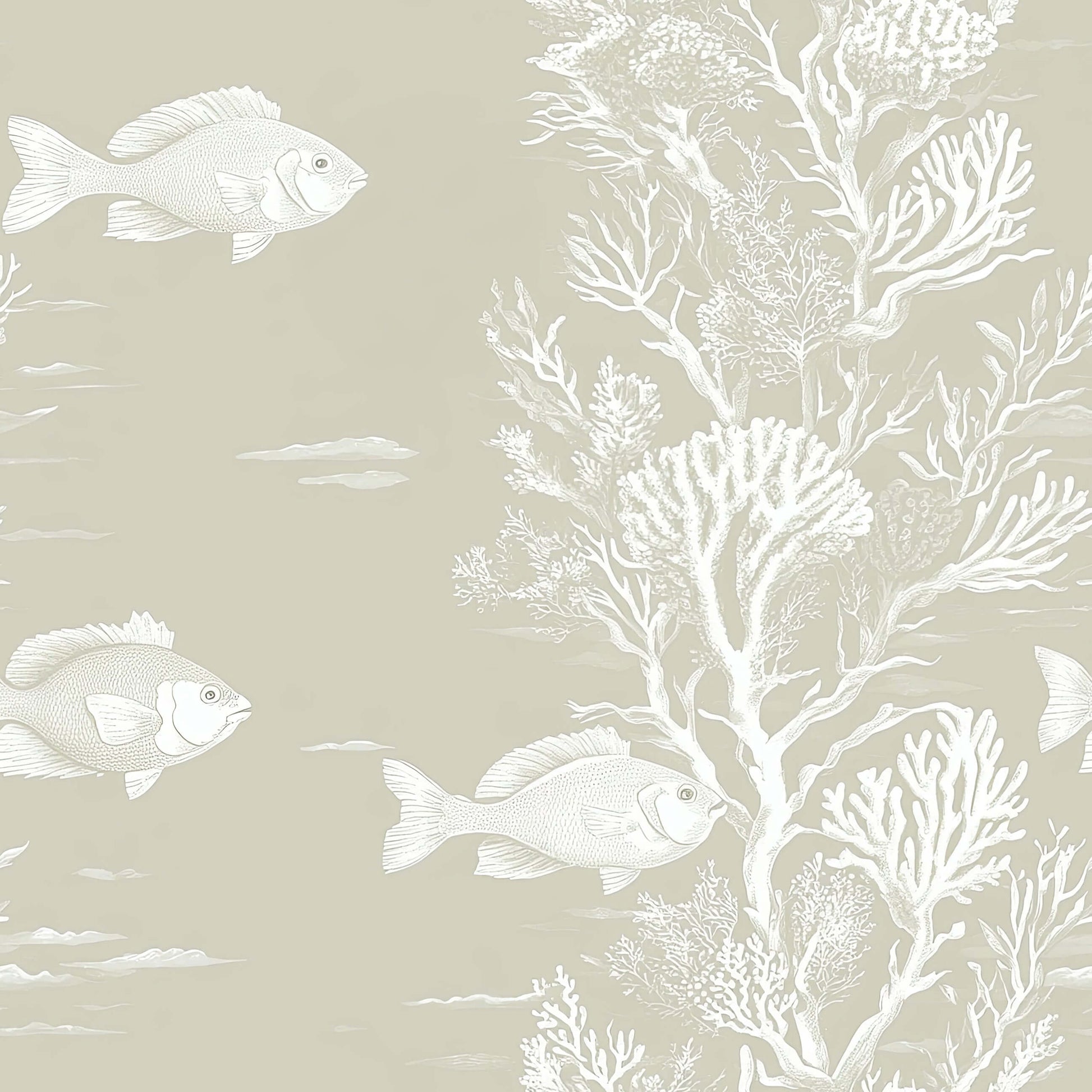 Coastal wallpaper "Reef Dreams" with fish and coral in soft tones for ocean-themed rooms, bedrooms, and bathrooms.
