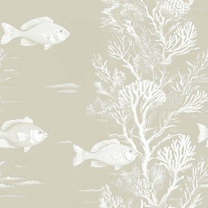 Coastal wallpaper "Reef Dreams" with fish and coral in soft tones for ocean-themed rooms, bedrooms, and bathrooms.