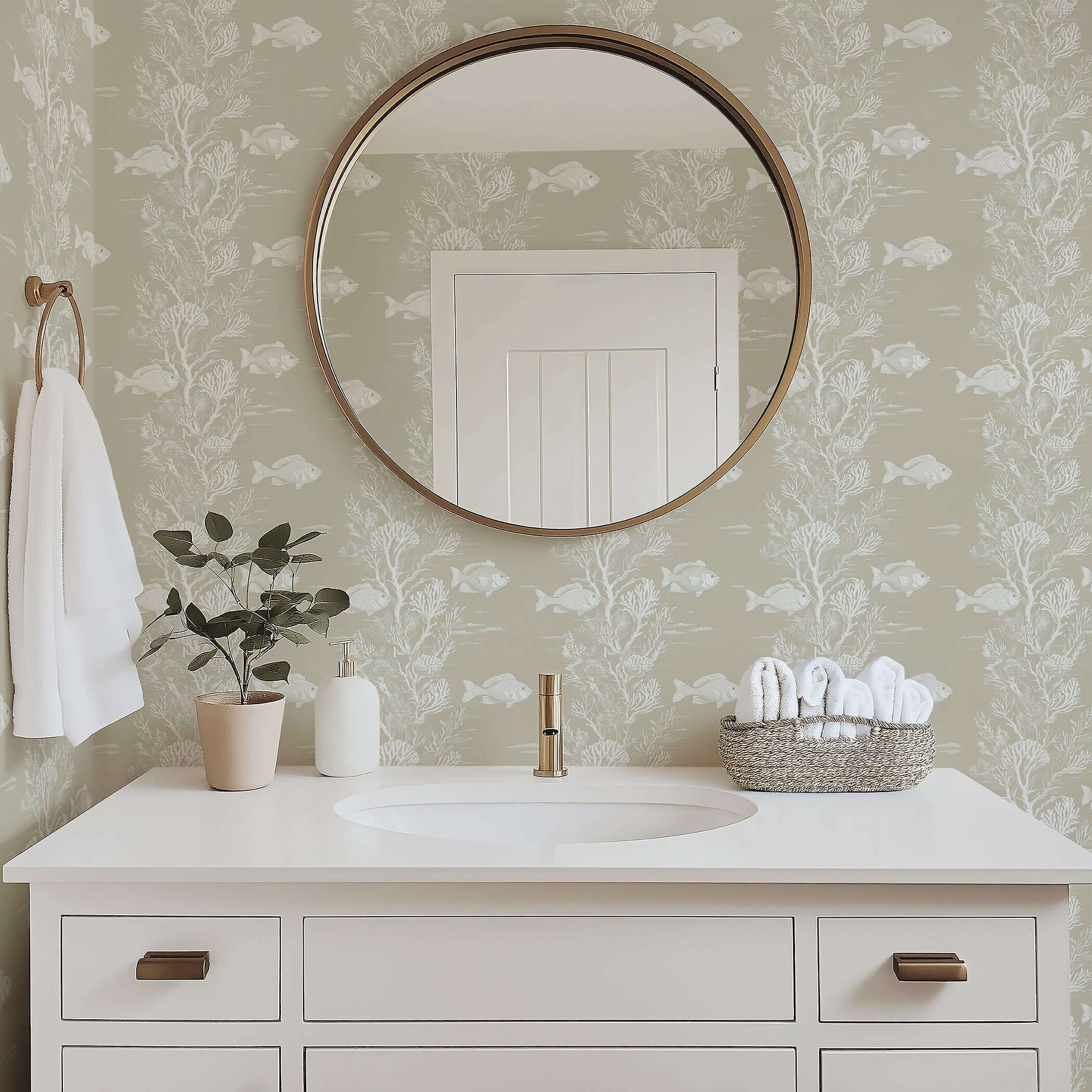 Bathroom featuring Reef Dreams coastal wallpaper with fish and coral design, creating a peaceful marine atmosphere.