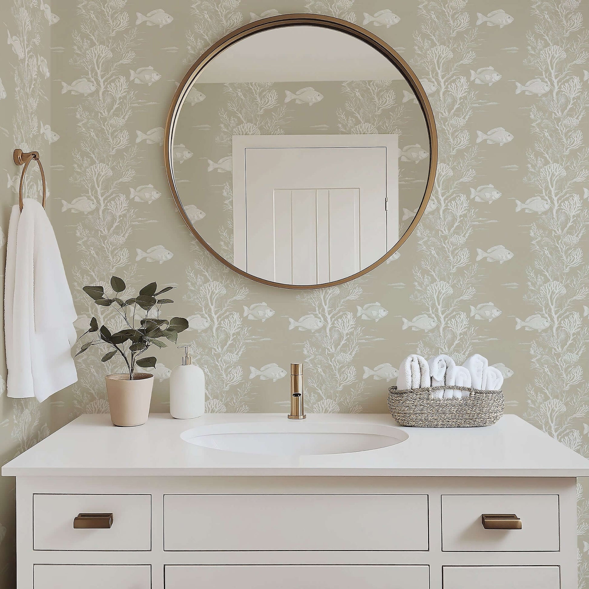 Bathroom featuring Reef Dreams coastal wallpaper with fish and coral design, creating a peaceful marine atmosphere.