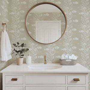 Bathroom featuring Reef Dreams coastal wallpaper with fish and coral design, creating a peaceful marine atmosphere.
