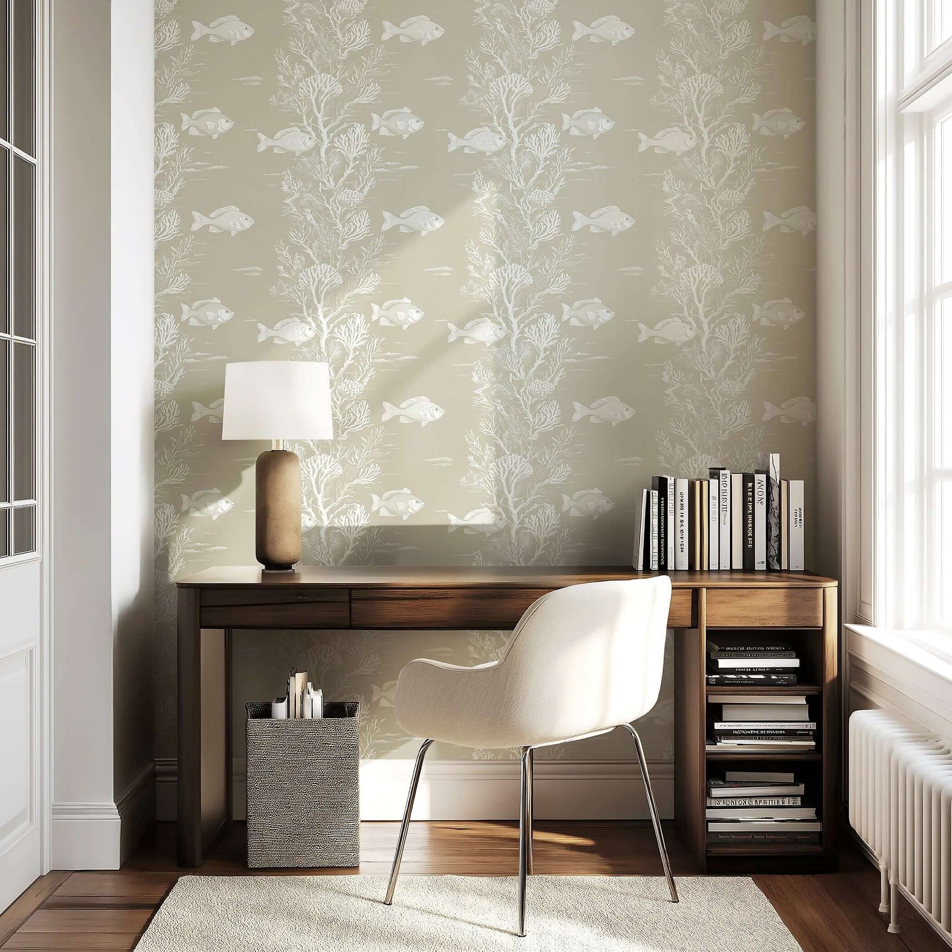 Elegant home office featuring 'Reef Dreams' wallpaper with soft tonal shades depicting fish and coral, creating a serene coastal ambiance.