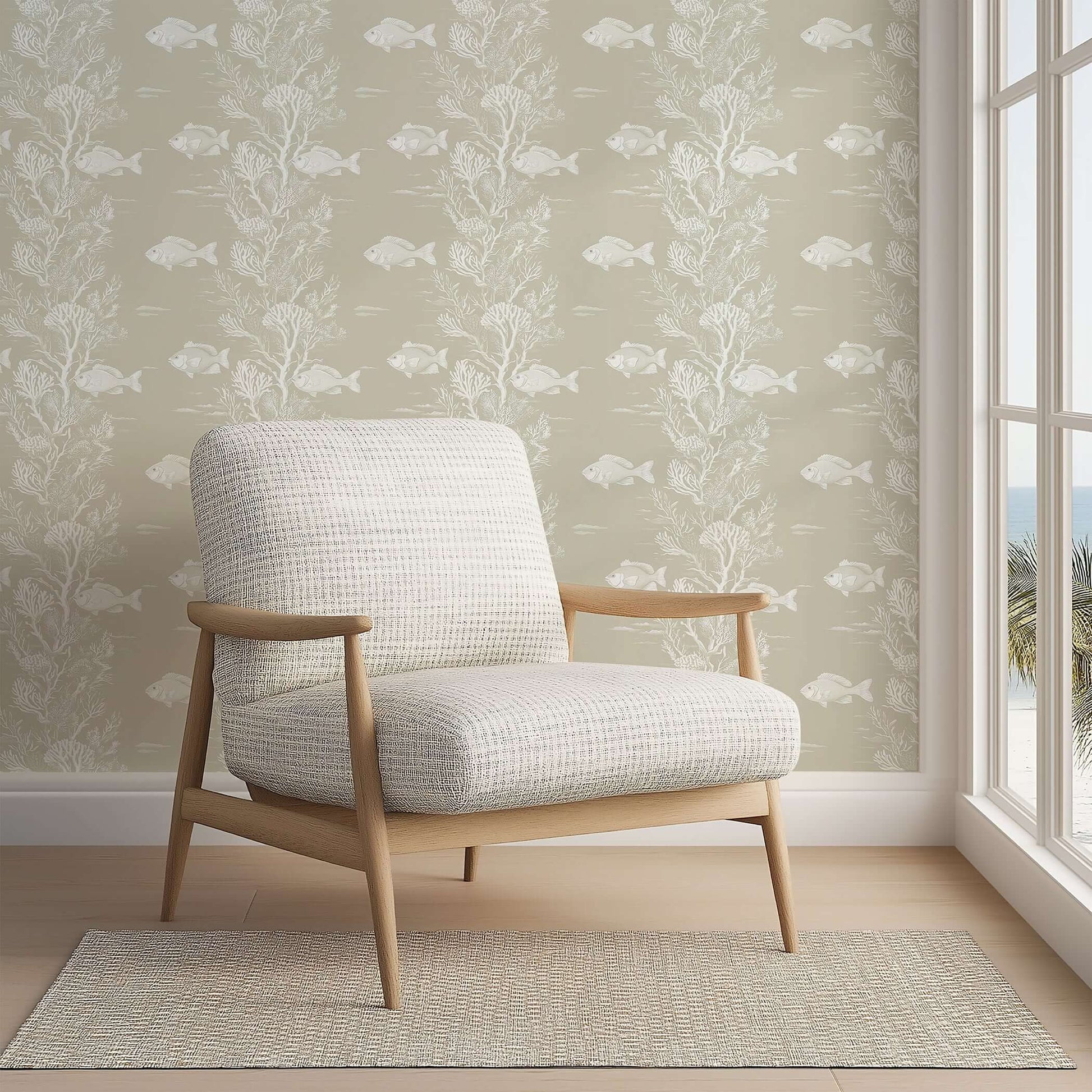 Reef Dreams Wallpaper depicting fish and coral in soft tones, perfect for creating a coastal sanctuary in ocean-themed rooms.