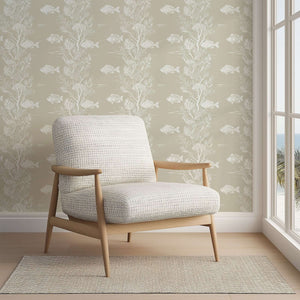 Reef Dreams Wallpaper depicting fish and coral in soft tones, perfect for creating a coastal sanctuary in ocean-themed rooms.