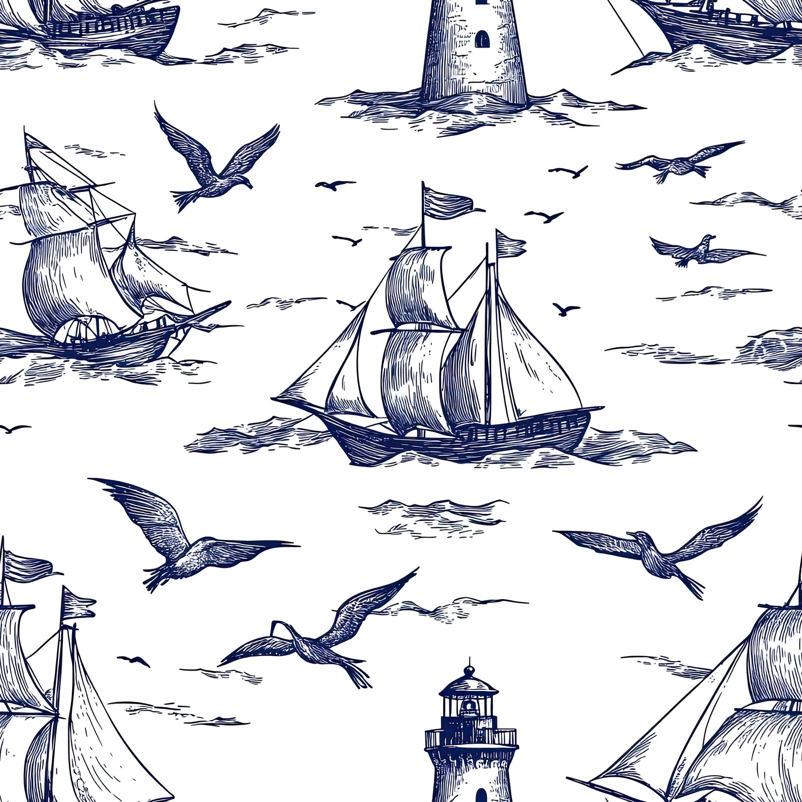 Nautical Odyssey wallpaper featuring hand-drawn boats, seagulls, and lighthouses, with navy maritime motifs on a white background.