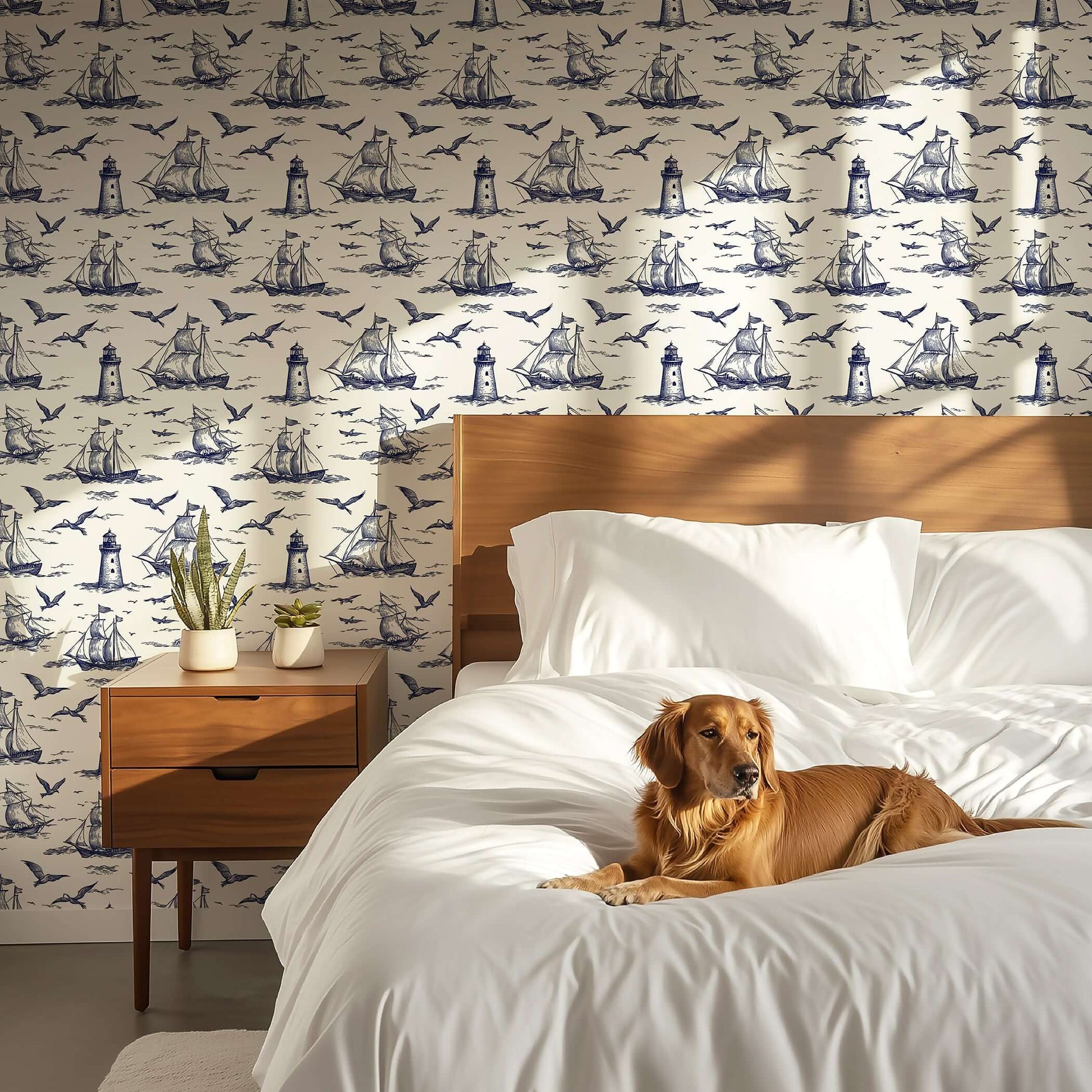 Coastal bedroom with Nautical Odyssey wallpaper featuring maritime boats, lighthouses, and seagulls; a dog rests on the bed.