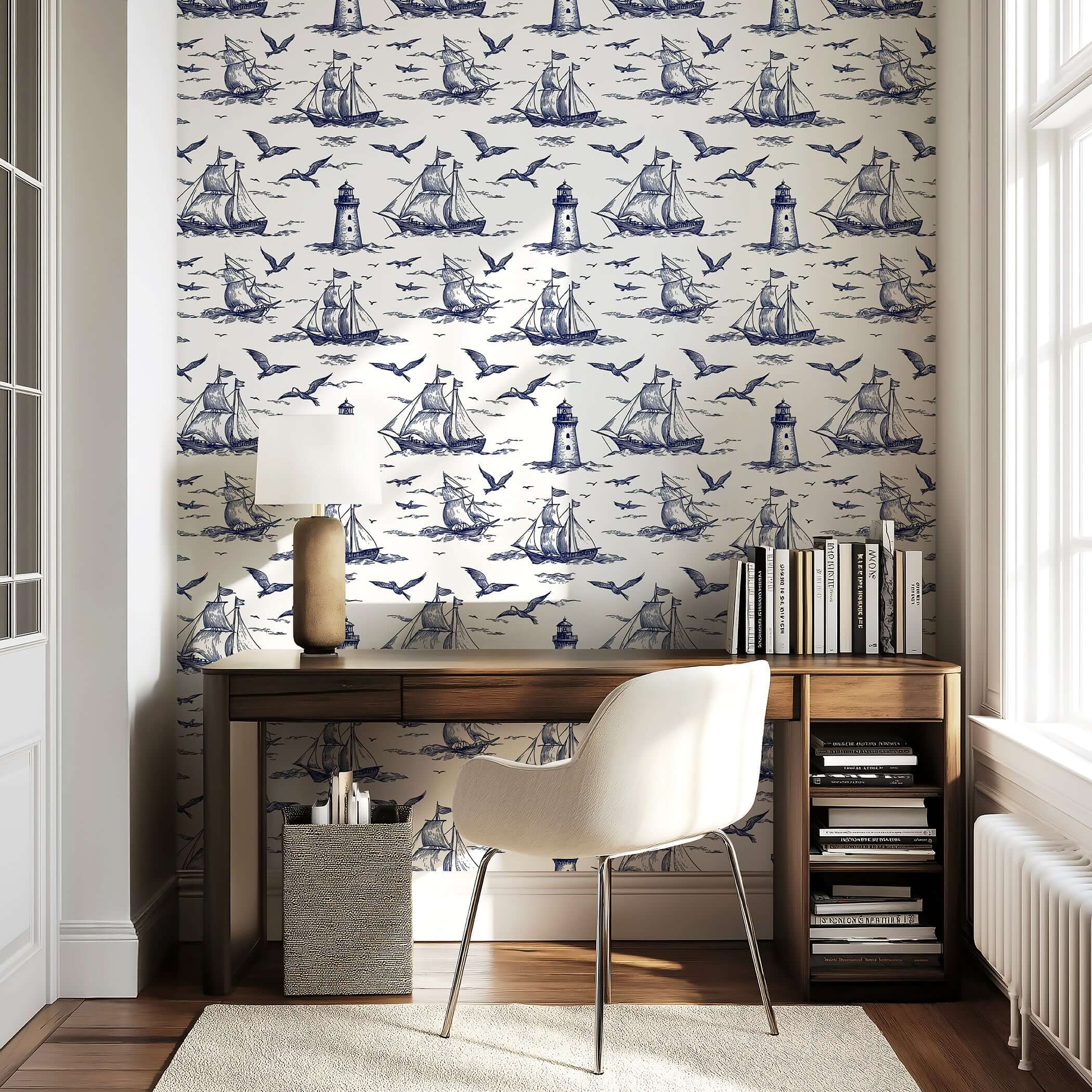 Nautical Odyssey coastal wallpaper featuring navy ships, lighthouses, and seagulls with maritime charm in a home office setting.