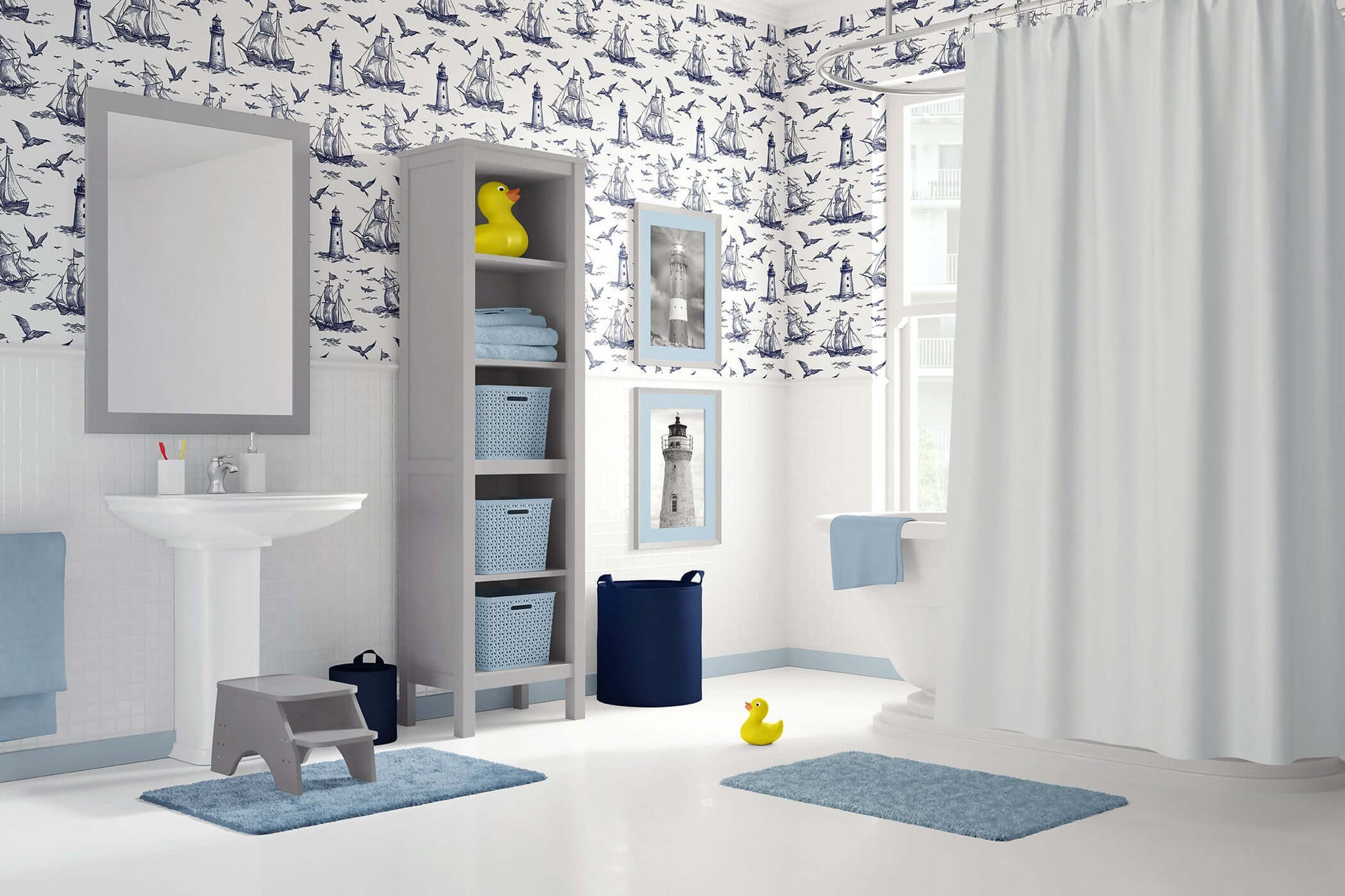 Bathroom featuring Nautical Odyssey Wallpaper with maritime elements, hand-drawn ships, and navy and white coastal design.