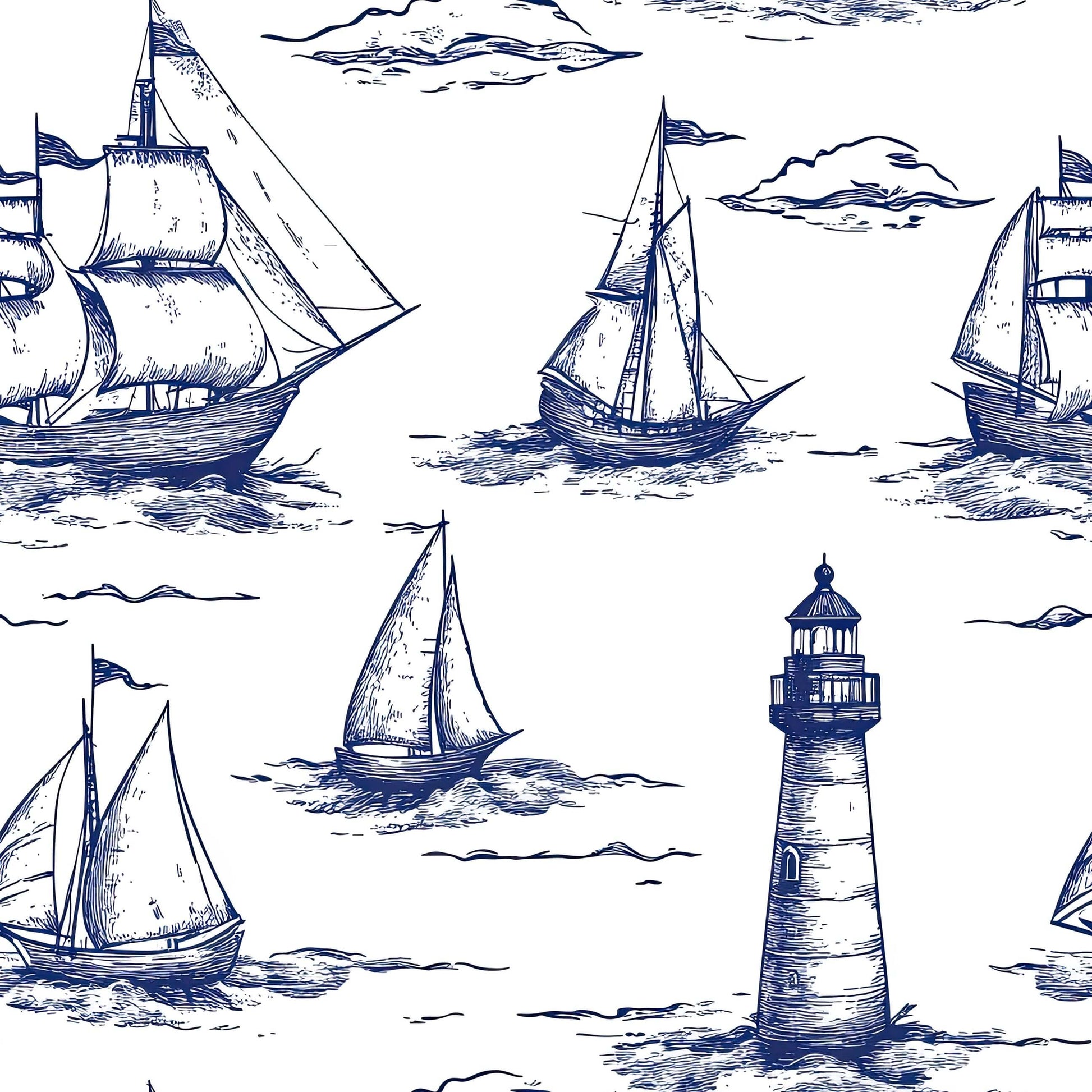 Beacon Bay coastal wallpaper with vintage sailboats and lighthouse design, featuring maritime and ocean themes in navy ink.