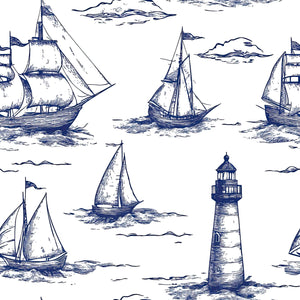 Beacon Bay coastal wallpaper with vintage sailboats and lighthouse design, featuring maritime and ocean themes in navy ink.