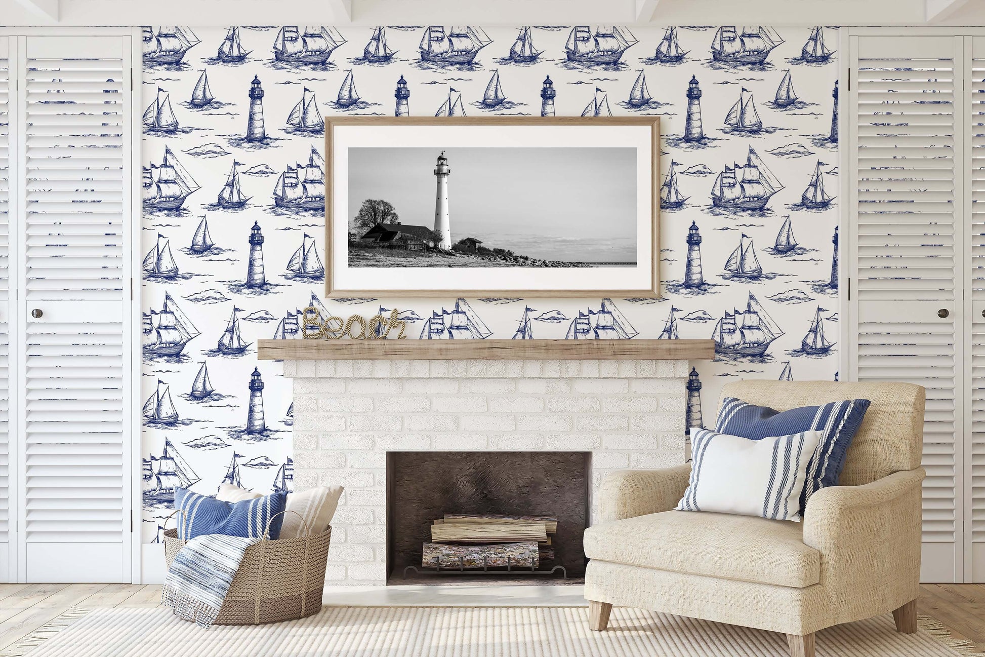 Nautical living room with Beacon Bay coastal wallpaper featuring navy sailboats and lighthouses, exuding maritime charm and ocean vibes.