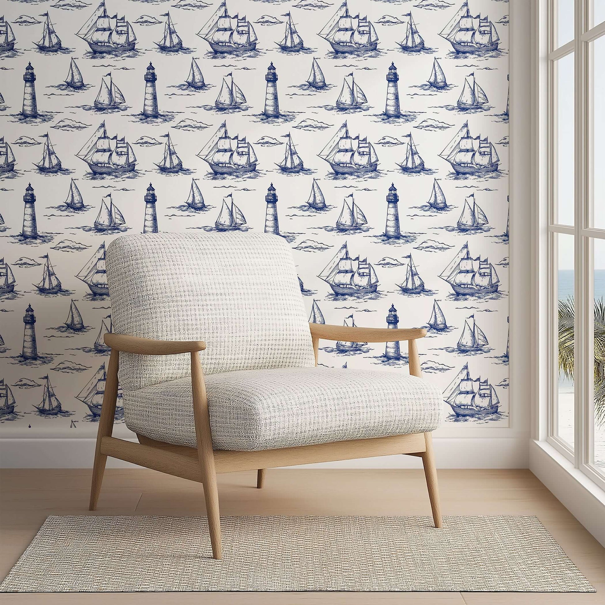Beacon Bay wallpaper featuring vintage navy sailboats and lighthouses, creating a coastal atmosphere with nautical maritime vibes.