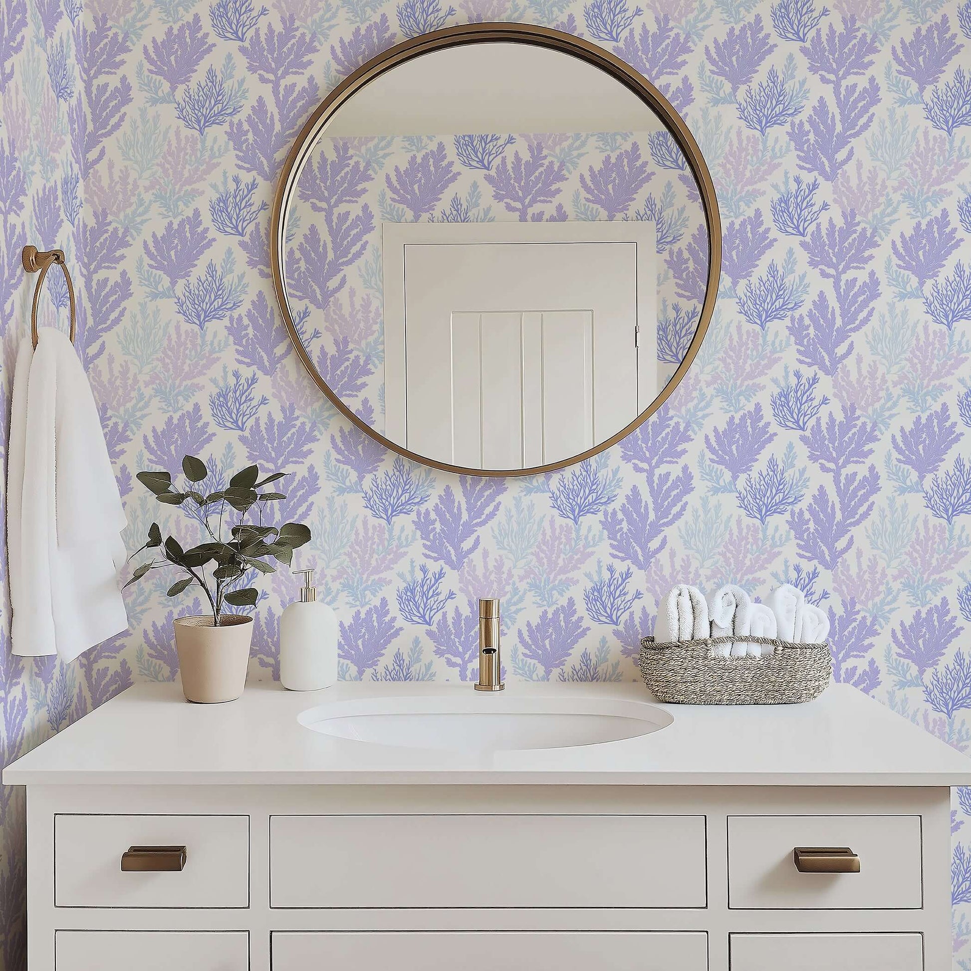 Coastal bathroom with Coral Reflection wallpaper featuring lavender and blue coral designs for an oceanic, marine-inspired decor.