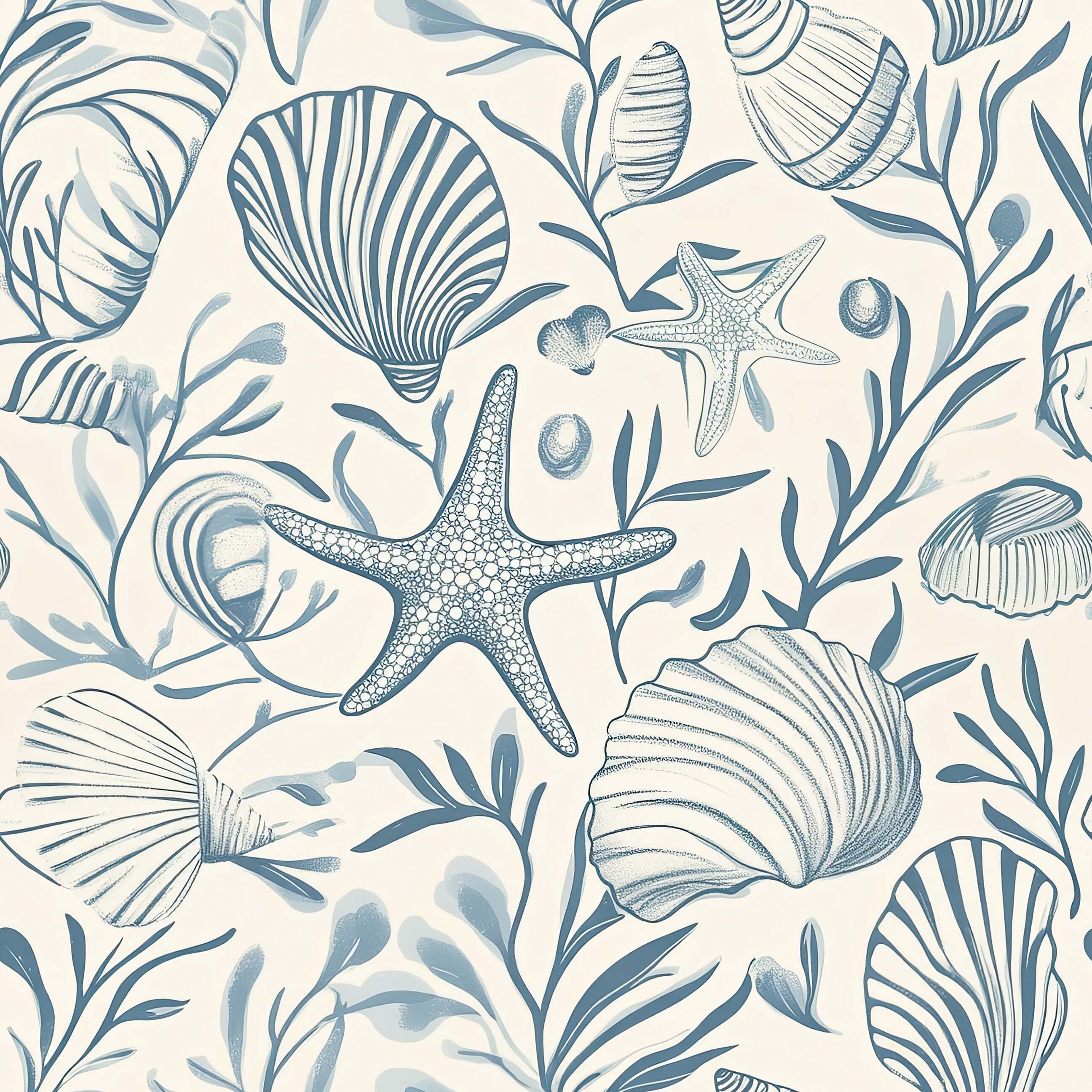 Seashell Harmony wallpaper featuring hand-drawn seashells, starfish, and ocean botanicals in soft coastal blues for a marine-inspired decor.