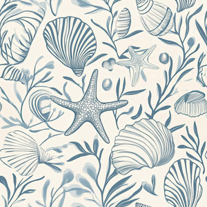 Seashell Harmony wallpaper featuring hand-drawn seashells, starfish, and ocean botanicals in soft coastal blues for a marine-inspired decor.