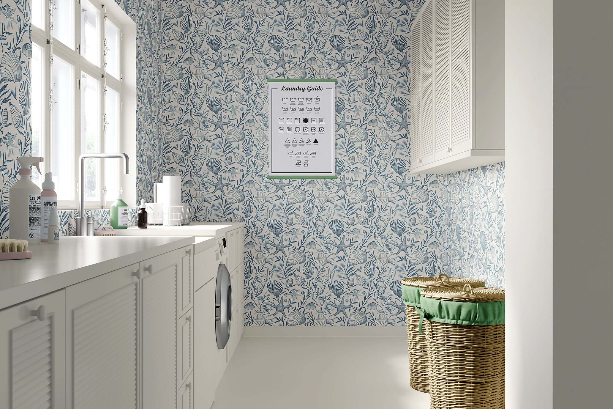 Elegant bathroom with Seashell Harmony wallpaper featuring hand-drawn seashells and starfish in coastal blues, enhancing oceanic ambiance.