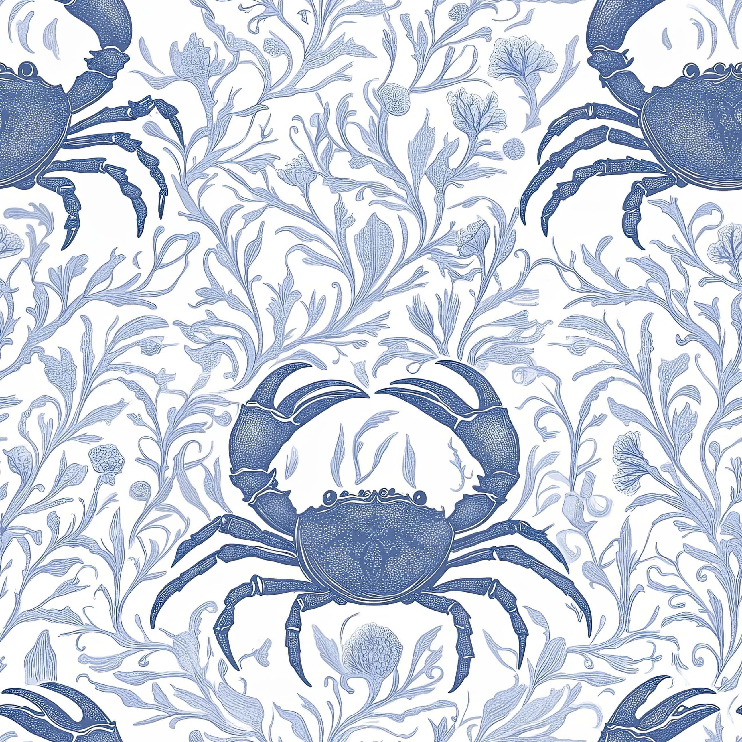Blue Crab Botanica wallpaper featuring detailed blue crabs and ocean flora, perfect for coastal-themed decor.