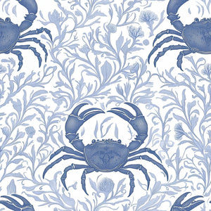 Blue Crab Botanica wallpaper featuring detailed blue crabs and ocean flora, perfect for coastal-themed decor.