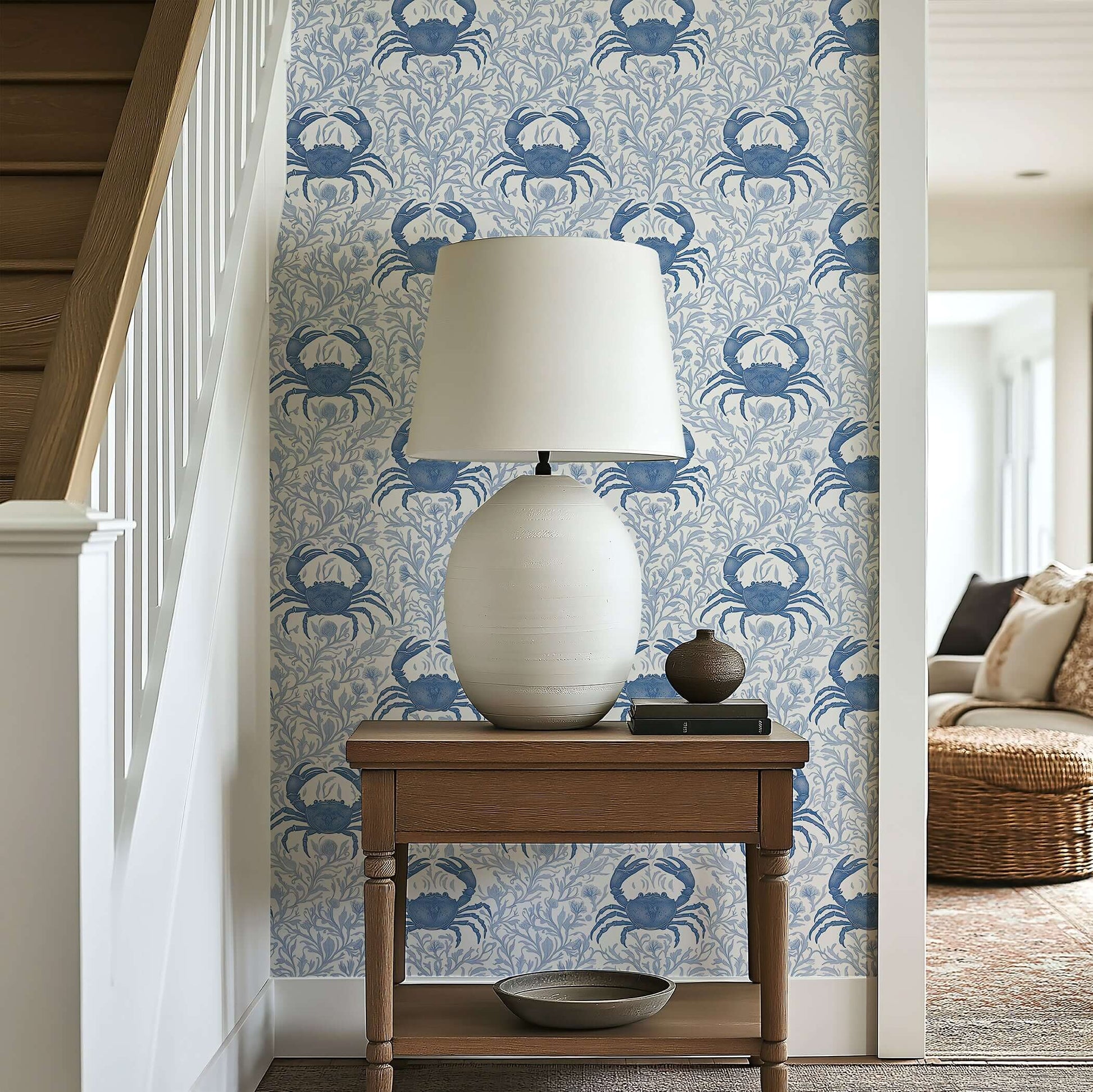 Coastal themed room with Blue Crab Botanica wallpaper featuring marine and botanical elements, perfect for seaside decor.